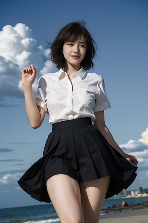 High school girls、1、Wet and see-through shirt、（uniform）、（White blouse）、（Navy Skirt）、Sailor suit、rain、Soaking wet、（The bra is see-through）、（Beauty）、1 person、Pink underwear、（The buttons on the blouse are stuck）、uniformははだけていない、、Highest quality、（Short Bob）、（Black Hair）、A little sunburn、downpour、I don't have an umbrella、大rain、（smile）、（Shirts that get wet and stick to your skin）、School