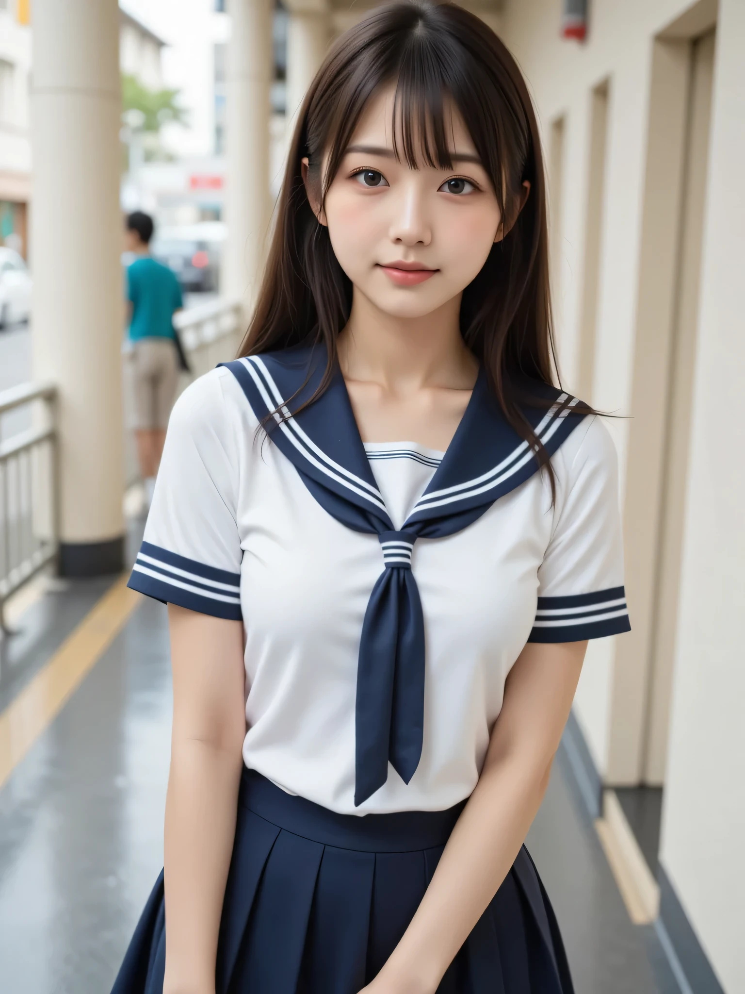 (best quality, 8k, 32k, masterpiece, UHD:1.2), (RAW photo), (realistic), (photorealistic:1.2), (high resolution), huge filesize, ultra-detailed, extremely beautiful face & eyes, perfect double eyelid, 1girl, japanese ,14yo, 13yo, 12yo, round s face,y facein waist, beautiful bellarge breasts, slim proportions, perfect thin thighs, small butt, (darkblue pleated mini skirt, japanese sailor, sailor fuku, serafuku, japanese school sailor suit, sailor red neckerchief), nice hands, perfect hands, accurate hand depiction, sweaty, shy smile, pure white teeth, from below, (blue sky, summer, sun, beach, palm tree, outdoors), portrait photography,