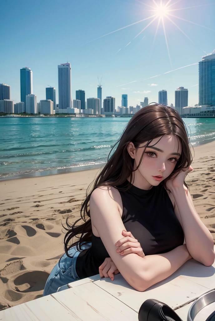 4K, (masterpiece), Highest quality,, ((Browsing Caution:0.9)), (Unbuttoned shirt), panties, (Big Breasts), Nipples, Long pink hair, blue eyes, smile, Full Height, Clear Eyes, Black eyelashes, (intricate and detailed), dramatic, tendency,Full Body Shot,Centered,Wild feeling,Ocean,
