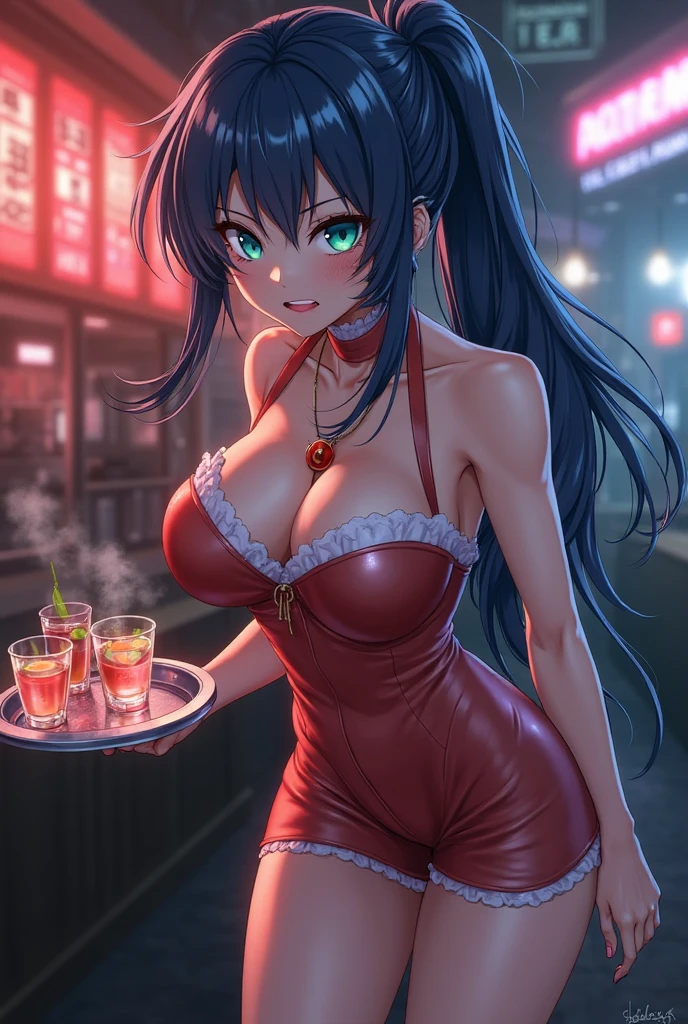(from above:1.2),(from side:0.9), ((Face)), (Close-Up:0.4), masterpiece,"A 26-year-old girl stands at a bar counter. She is dressed in a stylish off-shoulder dress, sweater dress, off-shoulder sweater, red sweater,garter stocking, cleavage:1.1, midriff, black thighhighs, pretty girl, (highly detailed beautiful face and eyes,firm breasts),real skin,((black,hair,long pony tail hair)),thin pubic hair,cute and lovely pose, detailed eyes, This masterpiece is only visually stunning but also tells,(small breasts:1.1,under bust:0.6),(with sparkling eyes and a contagious smile),open mouth. The bar is beautiful, with colorful bottles of alcohol in the background and a soft glow from neon lights. The atmosphere is relaxed, and the girl looks confident and fashionable.",full body, sexy pose,make a cocktail , in a bar counter, Looking at Viewer,
