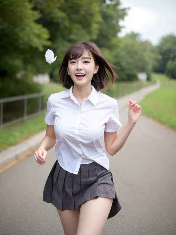 １８Year old girl、A uniform skirt fluttering in the wind、Beautiful feet、cloud、（（Thighs, thighs, thighs））、Big ample breasts、smile、White shirt、Wide open chest、（Butt）、short hair、 information
