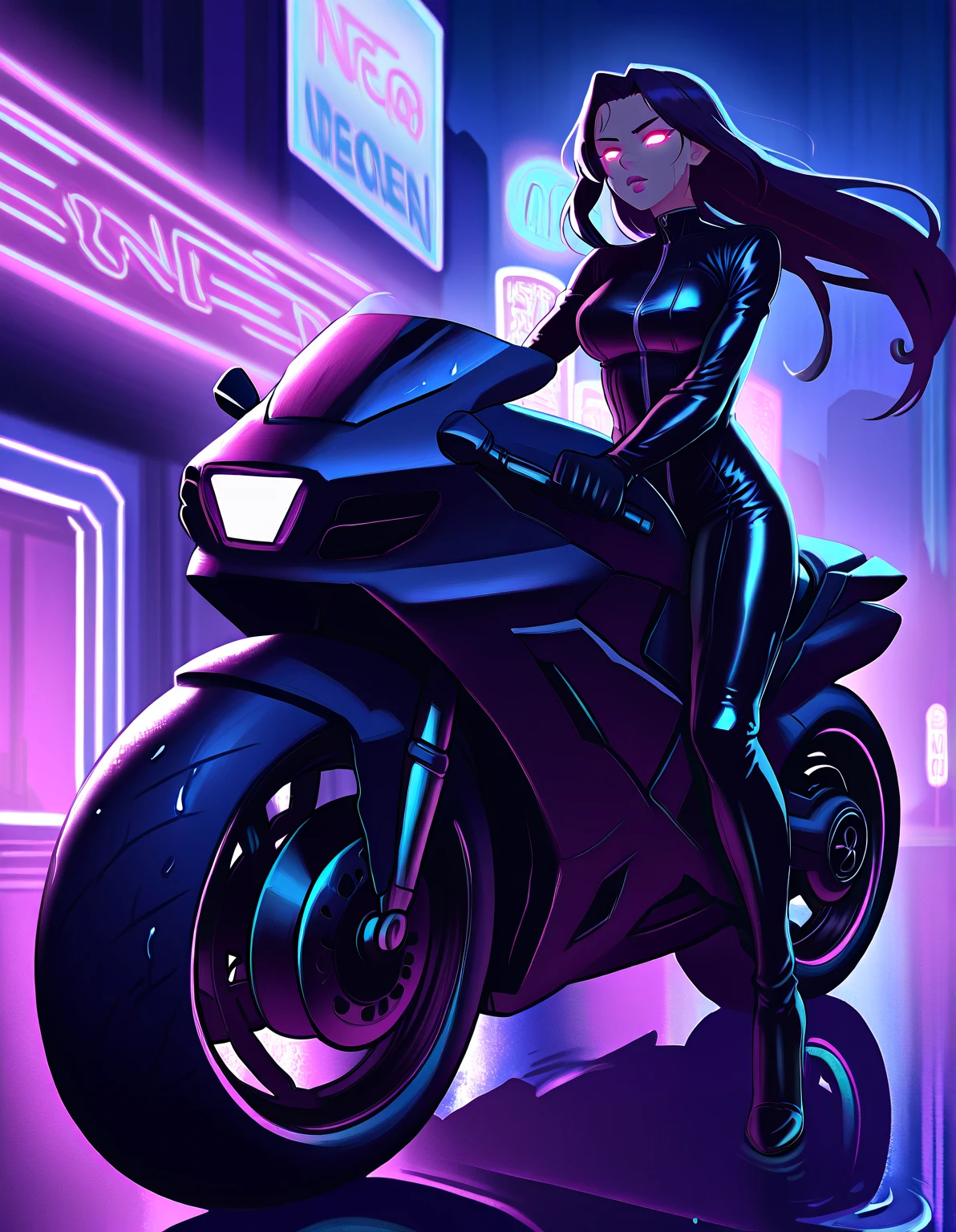 (masterpiece, top quality, best quality, official art, beautiful and aesthetic:1.2), (1girl:1.3), (gorgeous face), light freckles, fair skin, brown hair, extremely detailed, portrait, looking at viewer, solo, (full body:0.6), detailed background, close up, (airy modern theme:1.1), extremely busty but very slender motorcycle girl, ponytail, big lips, arched back, flexing, charlatan, smirk, mysterious, riding a street bike, motorcycle, sports bra, black jacket, leather pants, ((motorcycle helmet)), bullet bike, motorcycle, cyberpunk city street, well-lit, thin and toned physique, ((((gigantic breasts, cleavage, skindentation)))), slim waist, slim hips, long legs, modern (city exterior:1.1) background, dark mysterious lighting, shadows, magical atmosphere, dutch angle,