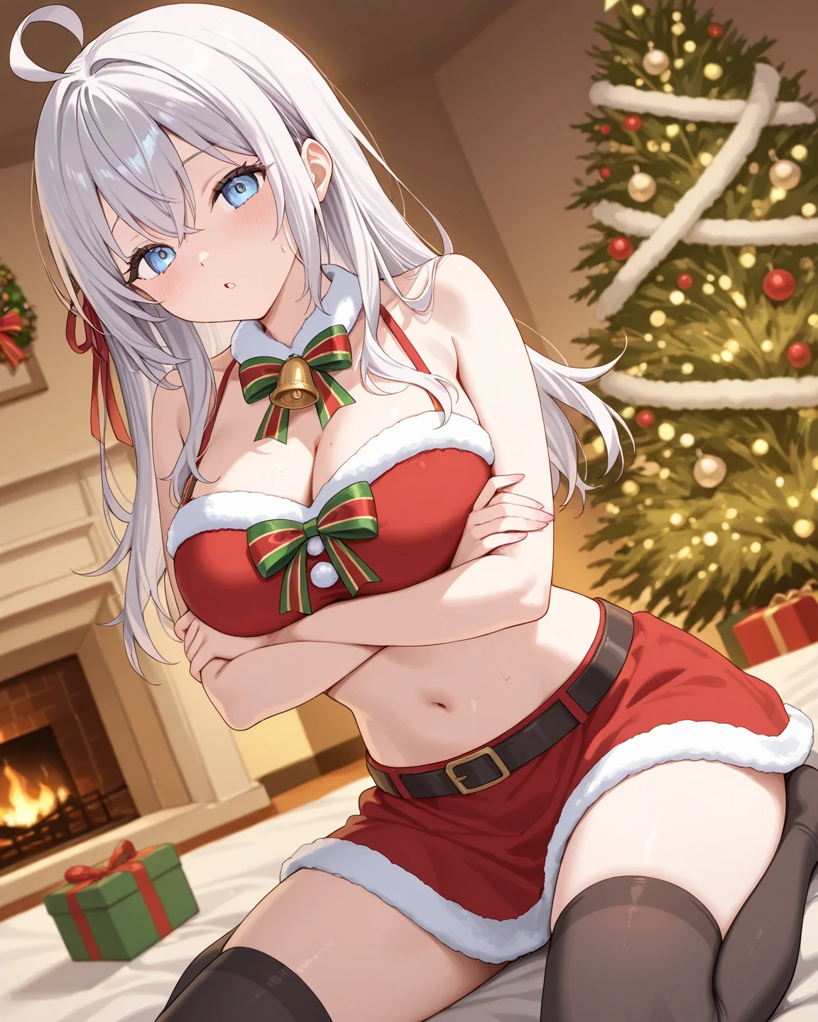 Female, White Hair, Big Boobs, Long Hair, Red Eyes, Wearing Christmas Costume, Collarbone, arms up, armpit, No Pants or Skirt, Christmas Shoe, Sitting on the floor, Inside a building, Christmas Tree in the background,