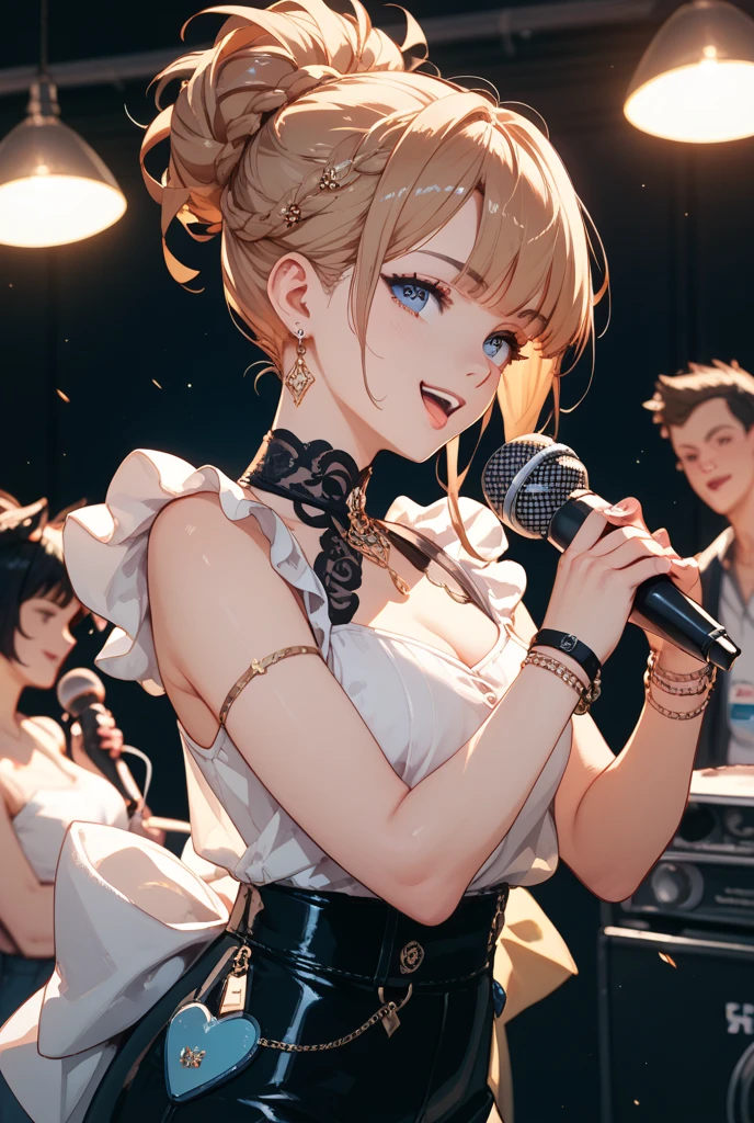 {{{masterpiece}}}, {{{best quality}}}, {{ultra-detailed}}, {illustration}, {{an extremely delicate and beautiful}}, (Best quality, 8k, 32k, Masterpiece, UHD:1.2),Photo of Pretty Japanese idol girl, top quality, best quality, realistic, unity, 8k wallpaper, official art, extremely detailed wallpaper,(3girls:1.5),(decorated wedding dress:1.2), hair ornaments,(sweaty skin:1.3),,Child,(big smile:1.3),(take the spotlight:1.1),(stand microphone:1.5),(sing:1.5),(very short bob hair:1.3), (red hair:1.3),earrings,looking at viewer,(high detailed skin),realistic body,(small breasts:1.4),cute girl, famous japanese idol,(standing),(looking at viewer:1.1),(idle stage :1.5)