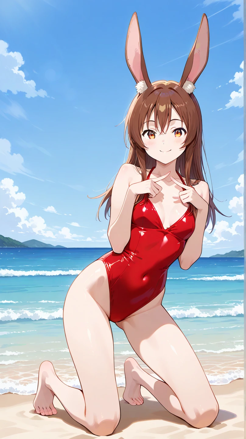 (better quality), [masterpiece], ((beautiful:0.75)  beautiful:0.75), [transparent and clean] pixiv (shape), ((Megumin)), two, walk, midsummer sea, brown hair, red swimsuit、 short hair, red eyes、((sexy))、pointed nipples、belly button、emphasize the muscles of the pussy、slender body、thin body、swimsuit with a small area、、