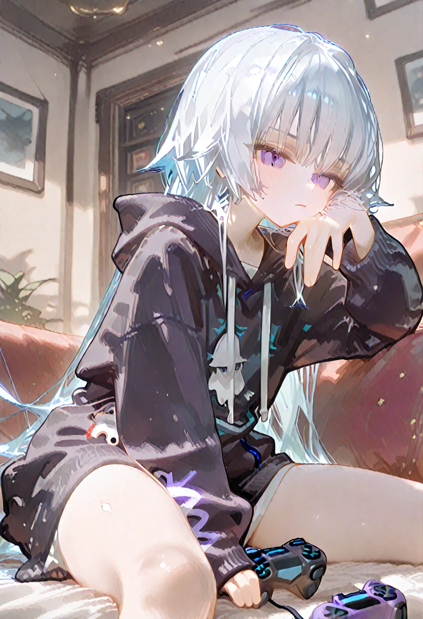 Elf Girl、8-year-old、Medium-long silver hair、Silver Eyes、Just a big black T-shirt、Short sleeves、Other than that, I don't wear anything else、She's not even wearing bottoms、barefoot、Seductive expression、whole body
