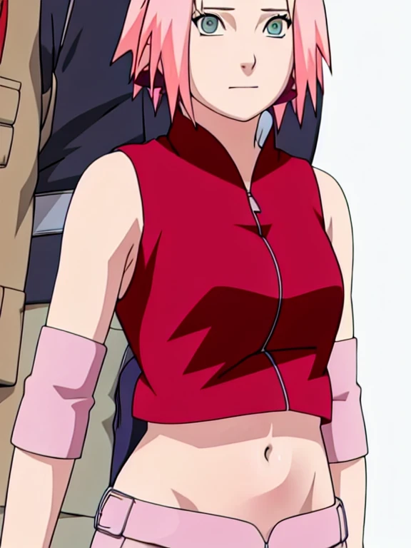 1 girl, Sakura Haruno, pink hair, short hair, green eyes, sleeveless, Red shirt, forehead protector, nice legs, black gloves, standing, Pussy, bottomless, whole body, looking at the viewer, Alone, Konoha fondo, Konohagakure Hidden Village Background, young adult,