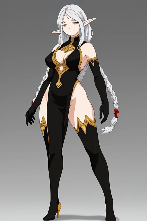 selvaria_bles, huge_breasts, standing, solo, military_uniform_black_short_dress_detached_sleeves_golden_belt_black_pantyhose_halterneck_high_heels, masterpiece, best quality, detailed face, detailed eyes, highres,
