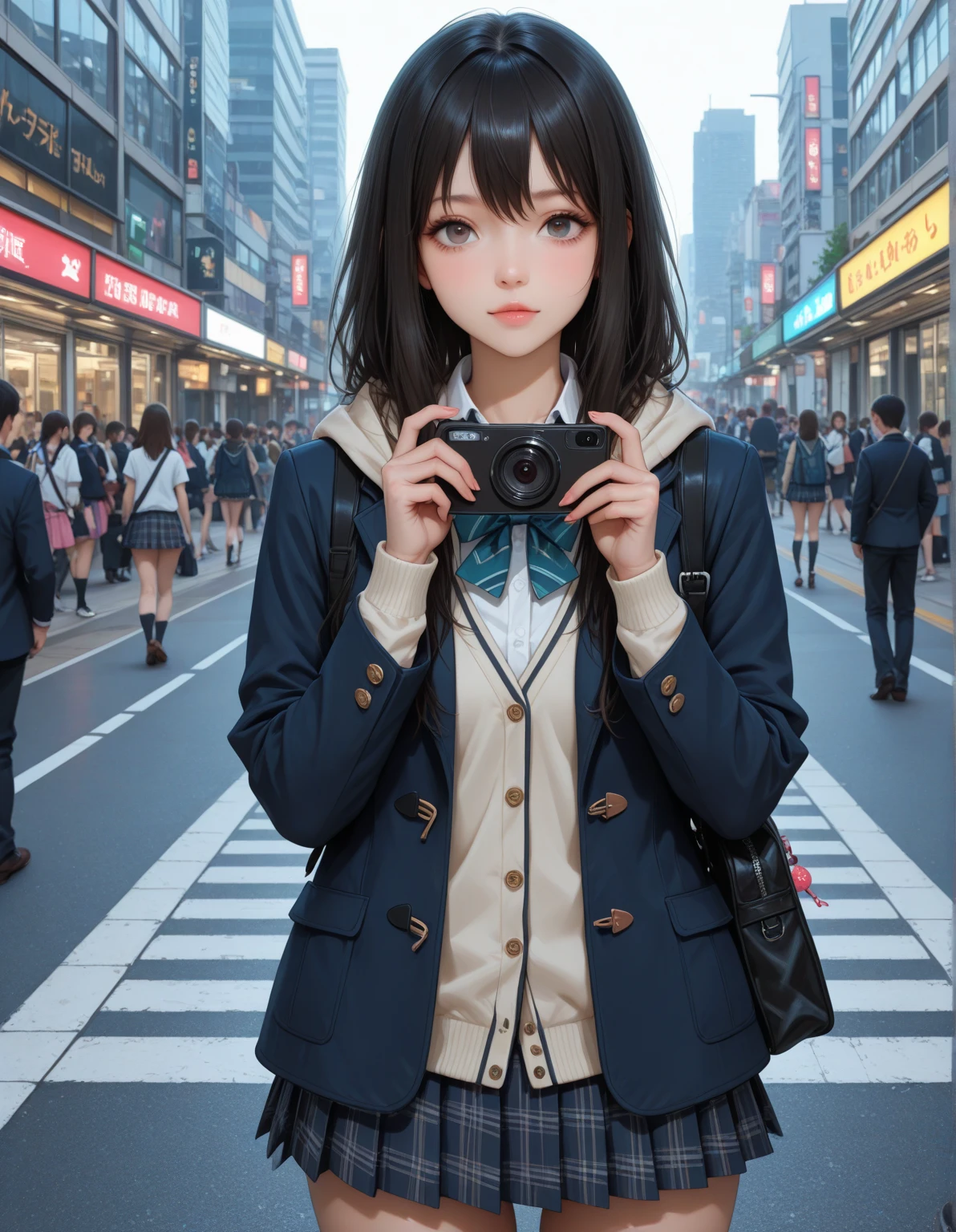 masutepiece、超A high resolution、Powerful images、8K、Shibuya, tokyo prefecture、Scramble crossing with a large number of people、Upper body view、17 years old girl、Brown hair color、a short bob、While looking at your smartphone、Walk、Girls' High School Uniform、Ultra mini skirt、Navy blue knee socks、Brown loafers、Cute smile、