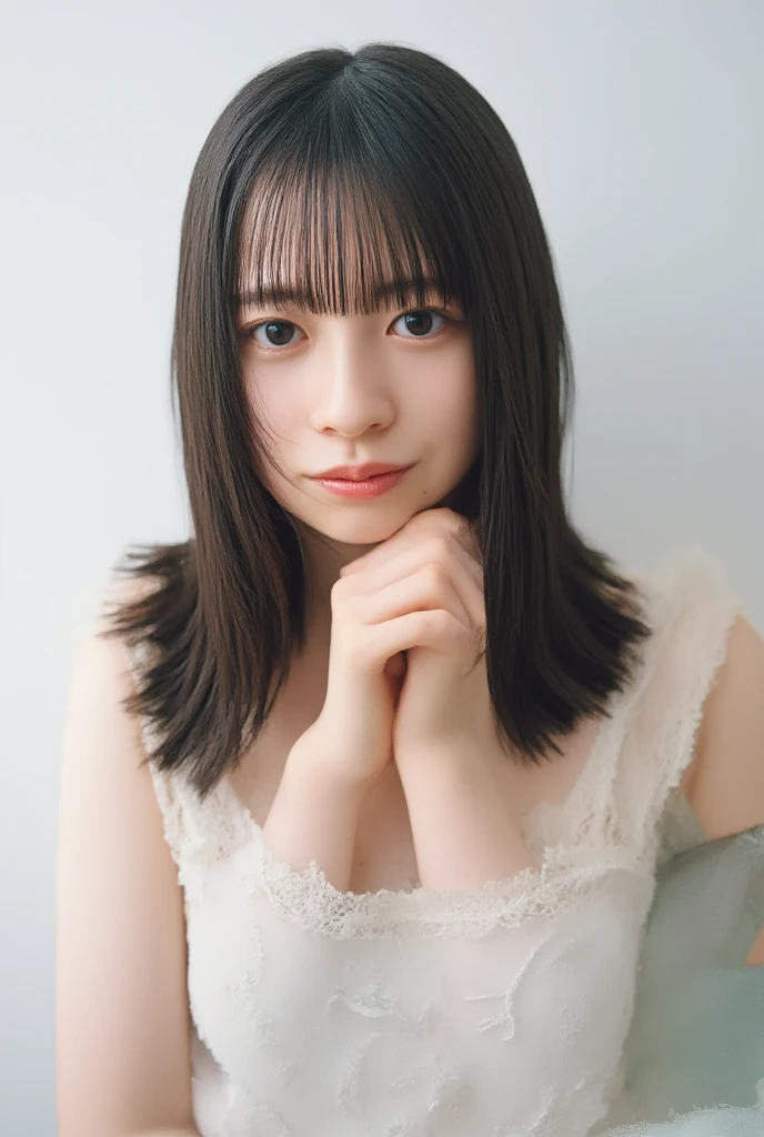 fukuhara, The image is a close-up portrait of a young woman with shoulder-length dark hair. She is looking directly at the camera with a serious expression on her face. The woman is wearing a silver necklace with a circular pendant. Her arms are crossed over her  and her body is slightly turned to the side. The background is a plain white wall. The lighting is soft and natural, highlighting the woman's features. The overall mood of the image is serious and contemplative.