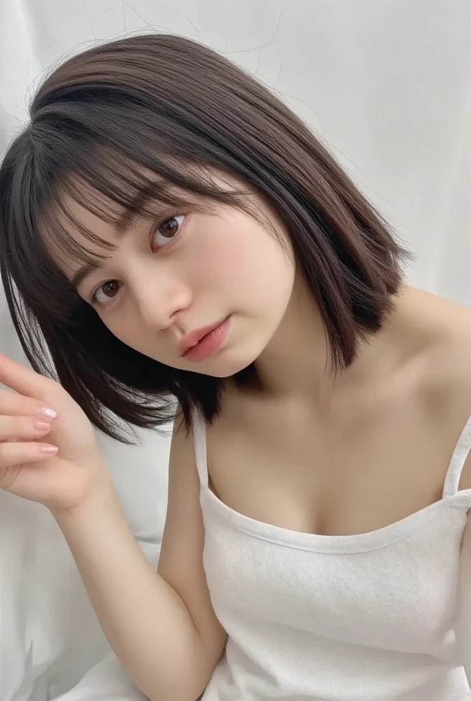 Beautiful woman with perfect figure:1.4,Ultra-high resolution,White background,(lifelike:1.4),Layered Hairstyle,Lipstick,White skin,Super short pleated skirt,whole body,Very delicate face and skin texture,Double eyelids,Skin Whitening,short hair,White hair