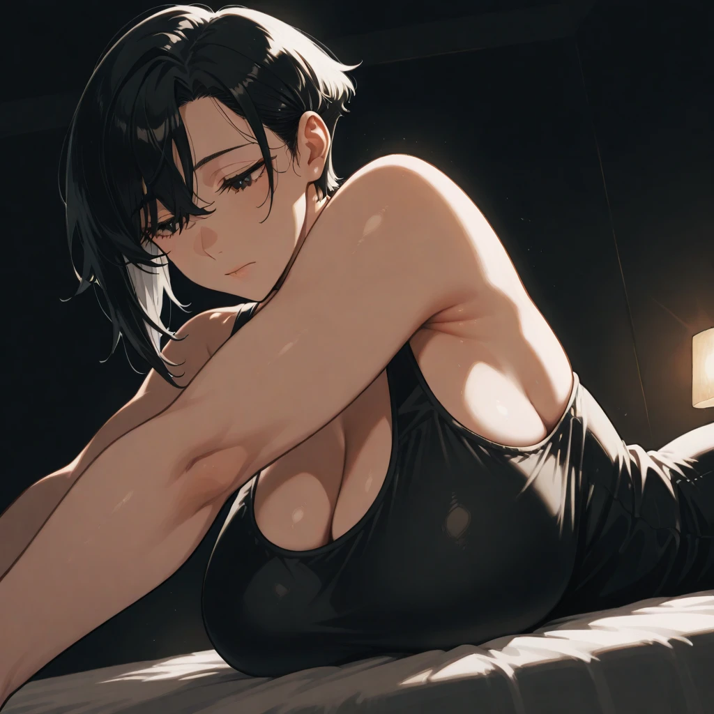 Masterpiece, ultra-detailed, One girl, lying on bed, Narrow waist, sexy hips, Full body view, Fubuki reclining on her back, Pillow hugged closely above head, Armpits exposed as she raises hand, Blushing face with a seductive smile, Flirty gaze, Inviting expression, No blurring, Ultra HD, Smooth rendition, Perfectly defined features.