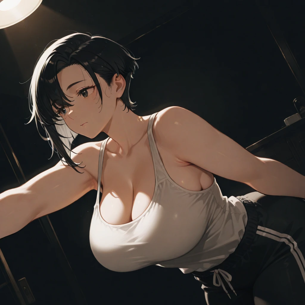 black hair、medium hair、circle earrings、camisole、big breasts、pale black eyes、trading wear、is stretching、Looks like it feels good、training room、whole body、Angle looking up from the feet、Wearing spats、Stretching、athletic pose、yoga pose