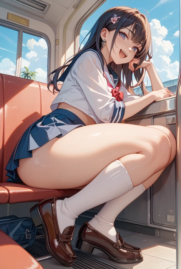(Highest quality:1.2, Genuine, Very detailed, up to date, Vibrant, masterpiece:1.2, Highest quality, Best aesthetics, There is), ((( 1 female:1.2))), Random Hairstyles、Sailor suit、(loafers:1.2)、(White shirt、Pleated skirt、Knee-high socks:1.2)、necklace, Shut your mouth.、Voluptuous bust、sit in a train seat、(Bow legs:1.5)、(Spread your legs:1.3)、Sweat:1.3、(sleeping face:1.5)、Put your feet on the floor、Half-open mouth、Panty shot