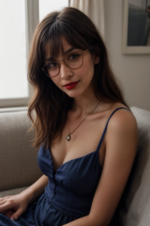 (Best quality, Ultra detailed, Golden ratio, Masterpiece:1.2), Theatrical lighting:0.7, Photo of a woman, dressed in a very elegant and pretty dress, Perfect rare face, (Highly detailed skin), randomly dyed hair,Ridicule, skin texture, Pale skin, shiny skin, (thin, large size:1.2), [:(Sharp focus on rare face, perfect eyes:1.2):0.2], photorealistic, film grain, Put one foot forward、from below looking up、look at camera、Emphasize the shoulders, Focus on face、Stockings、glasses、Smile with corners of mouth raised、disdainful expression, summer haze, muted colors, muted warm colors, Photo cinematic portrait of a woman blue dressed in a dress sitting by the gaming chair in the night cinematic, (tilted:1.3) (on a home) look cautious, standing under a spotlight, volumetric dust clouds, key light, backlight, soft natural lighting, photography Film grain ISO 400 30 mm lens RAW f1.8 aperture, highly detailed (analog photography:1), colors hdr