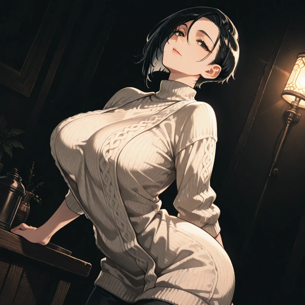 closed mouth, (16 years old), ((1girl)), ((((solo))), (((alone))), (((genderbend))), (((female))), wide hips, thick thighs, huge breast, narrow waist, ((blue top)), (jean mini shorts), ((anime artstyle)), long eyelashes, ((long black hair)), (prostitute), (((at night))), (red lipstick), (black eyeshadow), (in the dark)