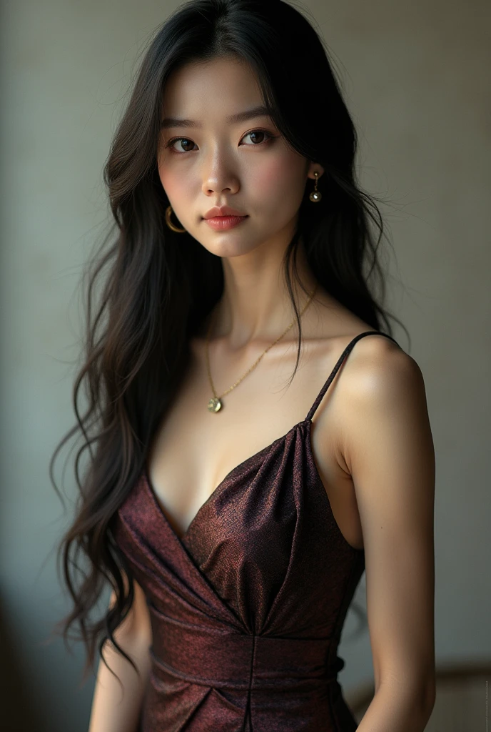 (Best quality,8k,high resolution,masterpiece:1.2)，Digital Artwork，A girl，Delicate face，Delicate eyes，Dark brown hair，Straight Hair，Shining amber eyes，Red lips，suspender long skirt，particle，dust，Warm colors，shy，in love，Eevee drawing，Men&#39;s white collar shirt，necklace，Jewelry，Pretty Face，Large Breasts，more than_Body，Tyndall effect，lifelike，Dark Studio，(HD Skin:1.2)，8k Ultra HD，Soft Light，high quality，Edge lighting，Two-color lighting，Volumetric Lighting，frank，Professional photography，超high resolution，8k，Bokeh，Shallow depth of field