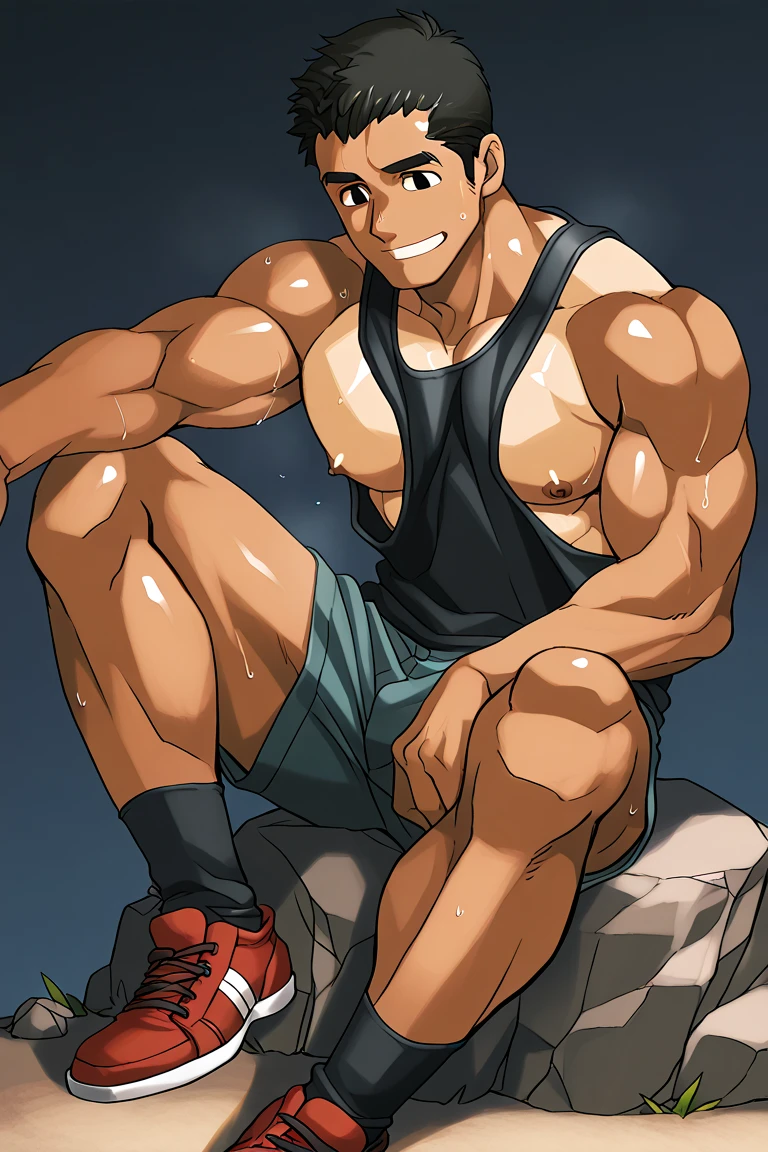Slightly sideways，closeup of arms，Thick arms，（masterpiece，best quality，H），1 person，Nude boy，Very shy，My face turned red，Shy，muscular，Delicateeyes，nude，(nude)，blue eyes，Shirtless，Body，Blue purple short hair，（fluorescent lamp），（Open your legs），（（Blue Background）），Shorts with white stripes，White textured socks，（No shoes），Body covered with strong muscles，strong，Broad shoulders，（standing on the steps），（Keep your hands close to your legs），