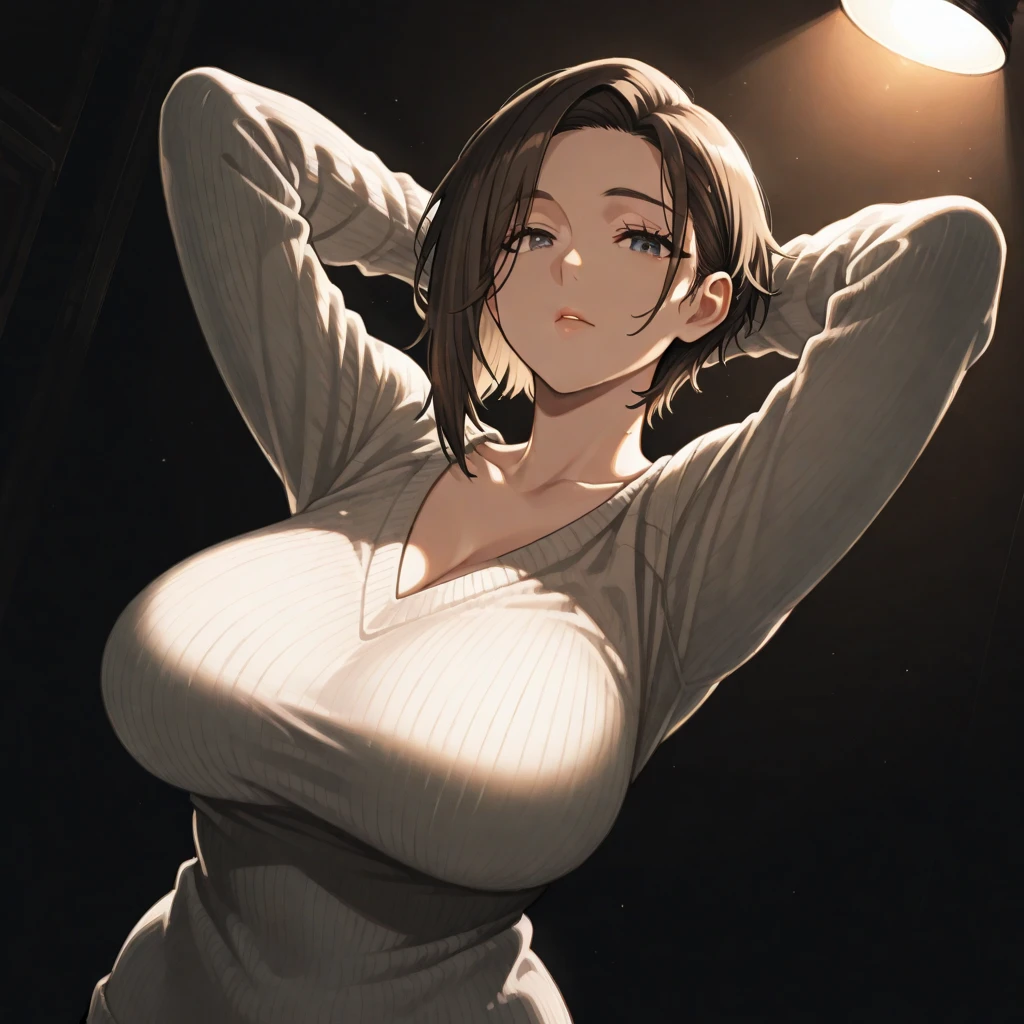 18 yo. girl, short messy dark hair, freckles, cold eyes, looking to the side of camera, loose jacket, exposed shoulders, large breasts, very tall, (longneck:1.3)