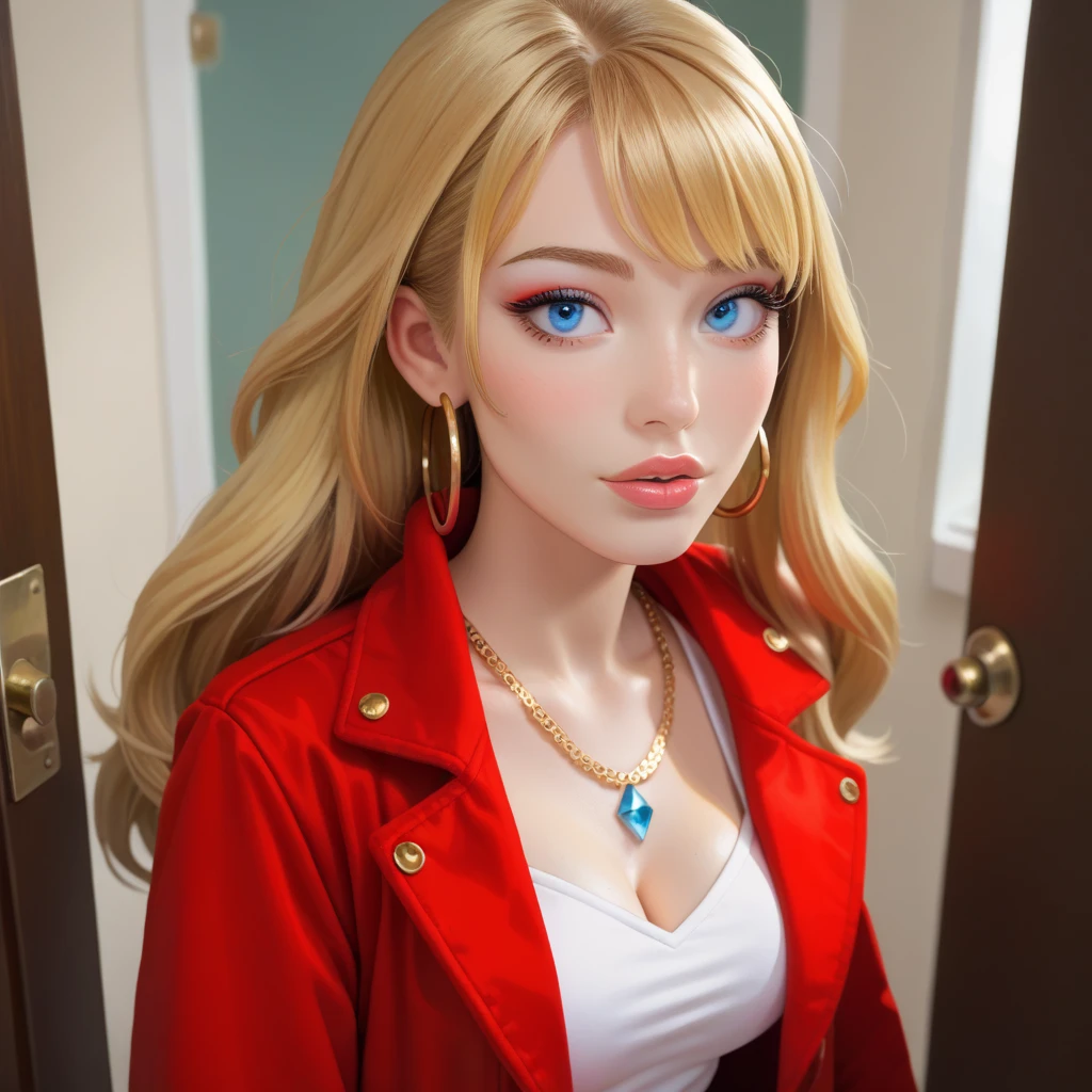 cleavage, *8K masterpiece, Highest quality, Highest quality, Official Art, (Beauty and aesthetics: 1.3), Very detailed, realistic, Realism, photoRealism, photo-realistic, high contrast, (photorealistic:1.4), (perfect female figure), 8k high definition detailed realistic, (best quality, masterpiece:1.2), best quality, highly detailed, 1girl, looking at the viewer, upper body, from front, red clothing, school uniform, blazer, grumpy, big breasts, blonde hair, Blue eyes, pale skin,