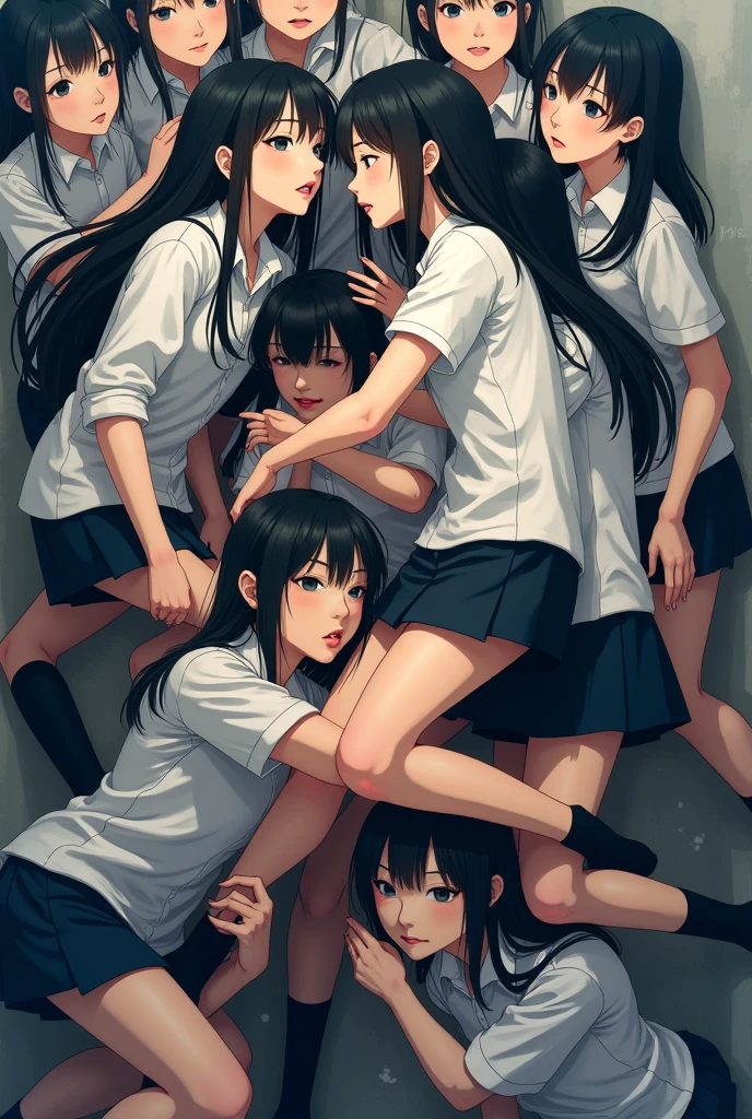 Police raid girls' school, four schoolgirls stand in a row against the wall facing the wall, two in handcuffs behind their backs, the other two hold their hands on the wall above their heads, dressed in a school uniform of a tight blouse, short skirt and high heels, anime