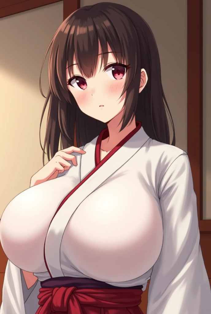 Girl in Japanese shrine maiden outfit, blown eyes, smile, Showing her breasts, (Huge breasts:1.5), Cleavage, (Black Hair), Super Long Hair, hair ornament, ribbon,White kimono, Shoulder-exposing sleeves, open-chested costume, Short skirt, Red Skirt, (upskirt), cameltoe,