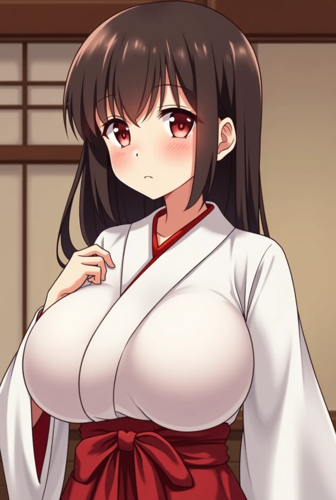 anime screencap, masterpiece, best quality, high resolution, 2D, anime cels, best quality, high resolution, 1girl, kasumi iwato, japanese clothes, (open clothes), (breasts out), (huge breasts:1.5), blush, embarrassed, smile, looking away