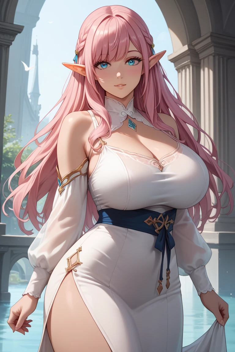 (best quality, 8K, high resolution, masterpiece:1.2), Digital Artwork, A girl, Delicate face, Delicateeyes, Pink Hair, Long straight hair, Glowing purple eyes, red lips, Suspenders, Fantasy Landscape, Vibrant colors, Soft Light, Whimsical atmosphere, Blooming flowers, floating long dress, fine details, Ethereal Background, Dreamy aura,、Huge breasts(10.0),Deep cleavage(10.0),Nipple protrusion(10.0),、Huge breasts(10.0),Deep cleavage(10.0),Nipple protrusion(10.0)Elf ears 、Huge Breasts(10.0),Deep cleavage(10.0),Protruding nipples(10.0)