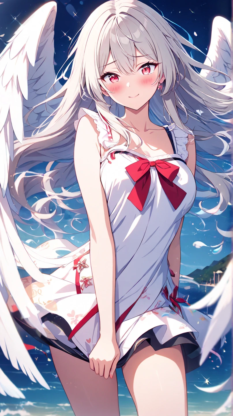 Masterpiece, top quality, ultra high definition CG: 8K wallpaper, beautiful girl, beautiful proportions, Lolita, slender, embarrassed, red eyes, white hair, middle hair, white mini school swimsuit, little girl, hands hide, clouds, twilight. ）