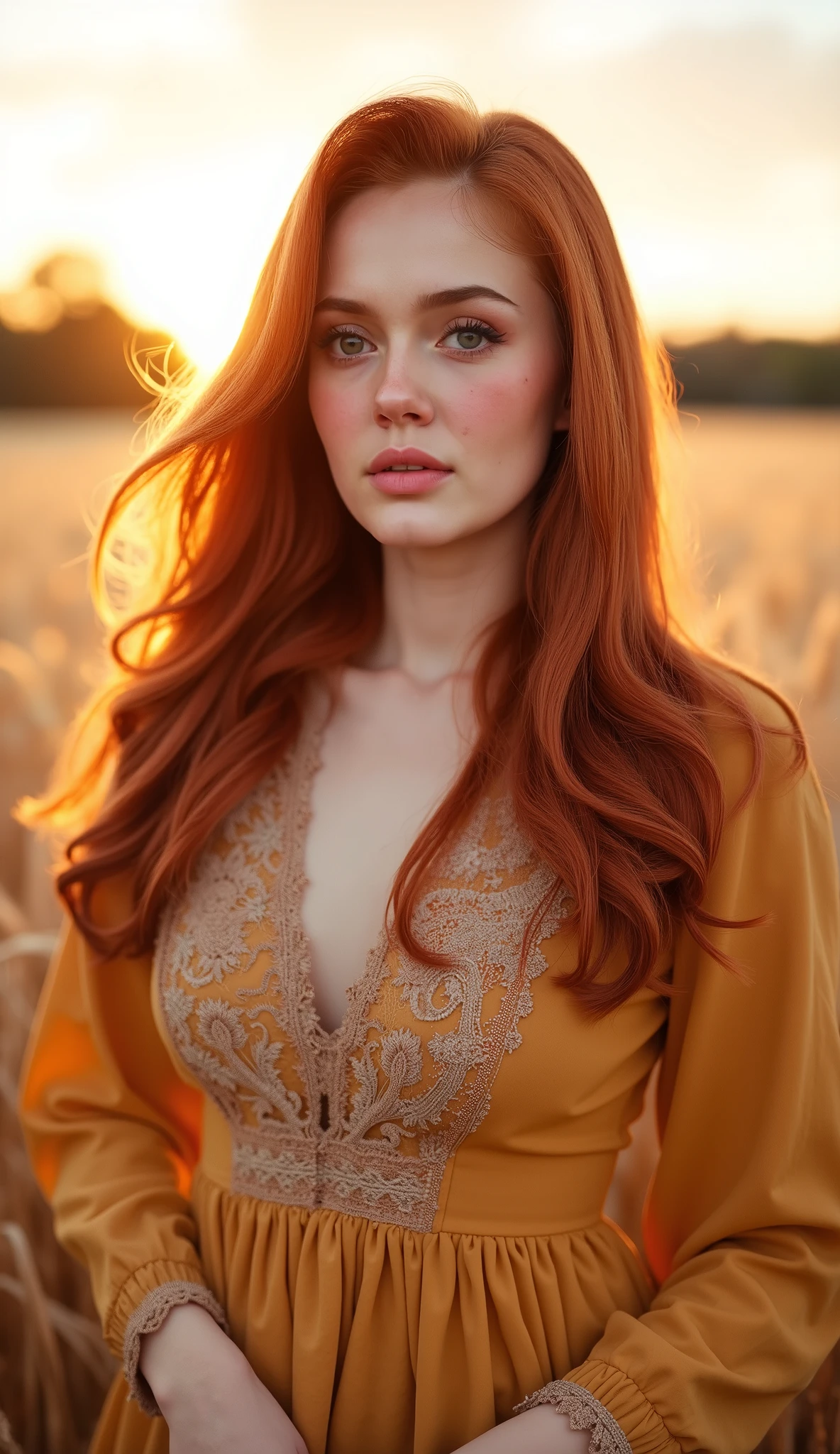 full body, portrait of cute redhead girl, standing on a wheat field, bloom, orange fog, motion, wispy hair, realism, high-quality rendering, stunning art, high quality, film grain, Fujifilm XT3, dreamy, acne, freckled, blemish, 85mm, nikkor, fuji provia, fuji portra