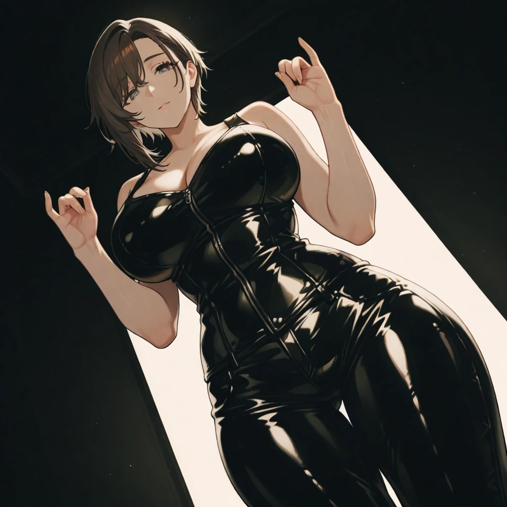 High resolution, Beautiful woman, High detail, Good lighting, Obscene, transformation、(((Perfect Anatomy、Anatomically correct、Highly detailed skin)))、 15 years old、(Kneel、Spread your legs、Show your armpits、Armpit hair、Armpit hair)、Only One Woman、(Embarrassing、Droopy eyes、Drooping eyebrows、Crying face)、Sweat、(Black Leather Jumpsuit、Shorts、Leather thigh-high boots、Black Leather Gloves)、(Black Hair、Shortcuts、Short Bob)、(Tied up all over the body)、(prison、In the cage)、(Large Breasts、Big body、Erect nipples、Thick legs、Thick arms)、(Pee running down my legs、Pee stains、puddle)、(Being watched by the public)