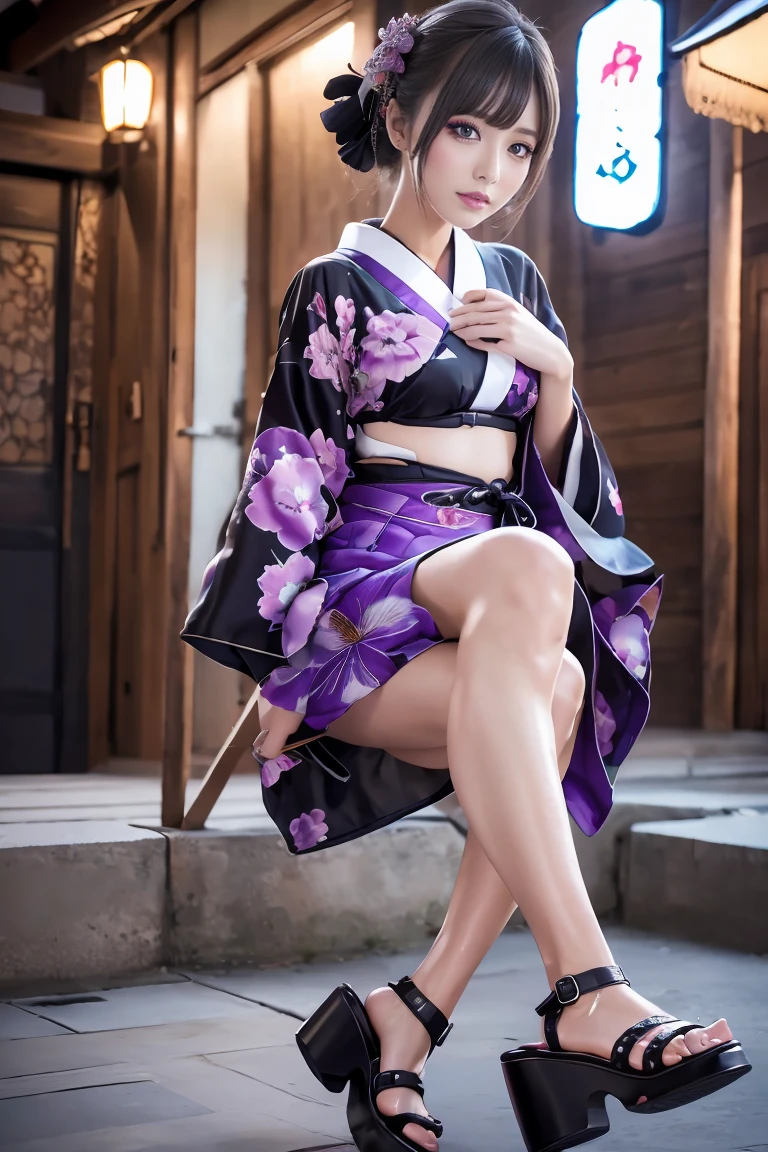 score_9,score_8_upper,score_7_upper,8k, High resolution, 5 years old、beautiful girl, bright black hair, Thin Hair, Small face, cute、Highest quality,Japanese face、small mole on the corner of the eye,((Puffy eyes))、(Upper)、Short Bob、Look at the opponent、riverbank、The corners of the mouth are upturned、Beautiful legs、Flower Hair Ornaments、sexly、sensuous、Blushing、Masturbation、dark purple bright kimono、Summer festival