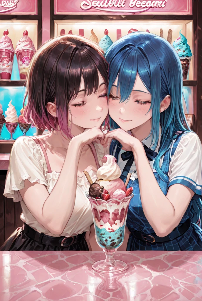 best quality, ultra detailed, beautiful detailed face, coopfellatio, fellatio, licking,1boy,2girls, ice-cream, <lora:coop_Fellatio:1>,