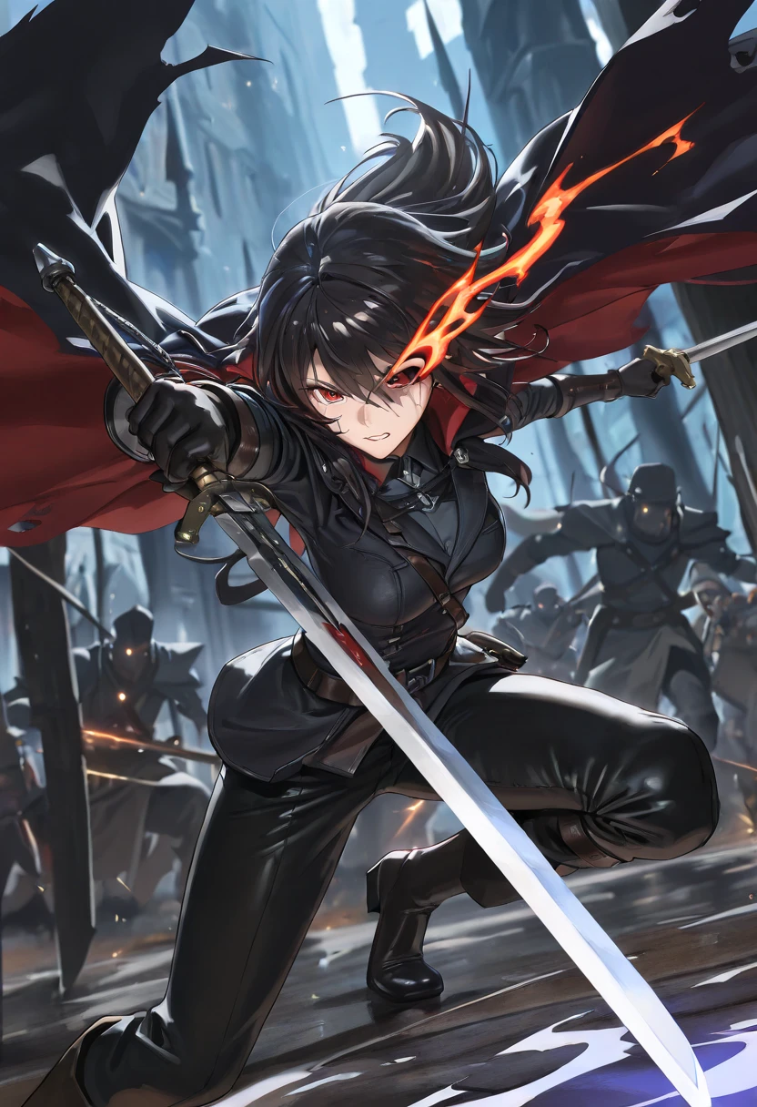 One-eyed adult woman with long black hair，uniform，big cloak，cleavage，long pants，musket，Western saber，battlefield，