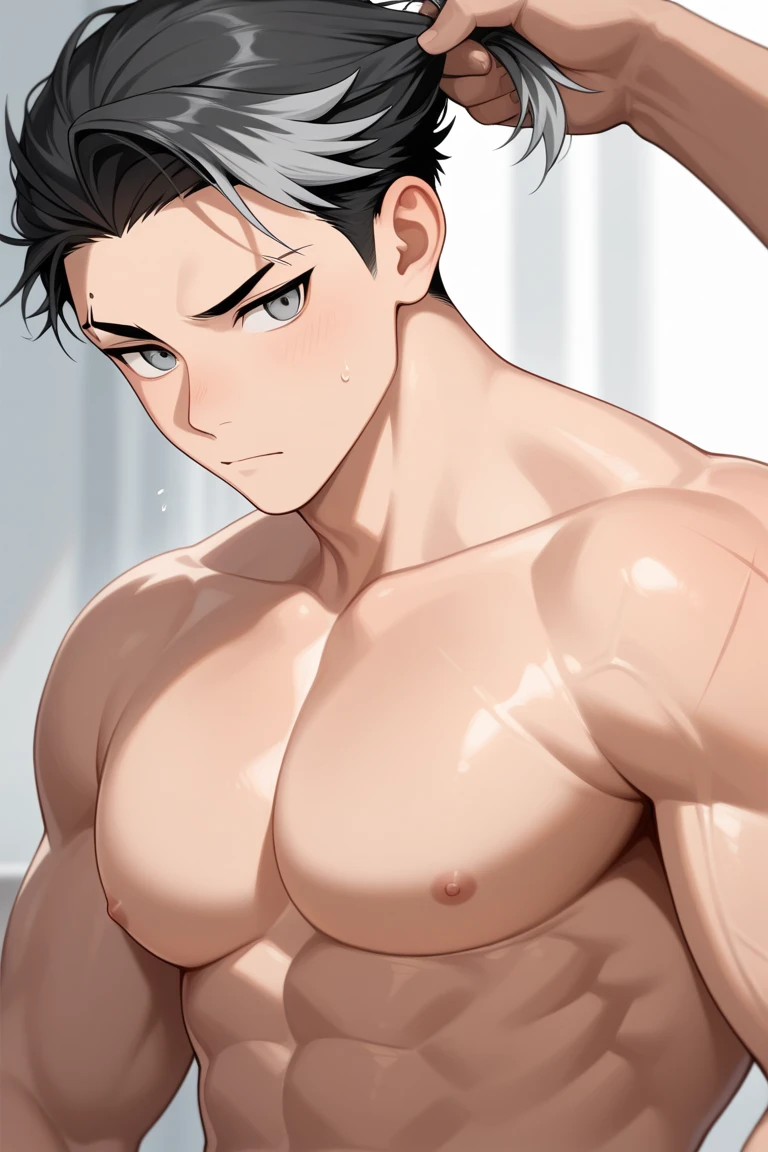 A Teen taking a bath in a river in a forest, trending on bbwchan, meditating pose, up close shot shinji aramaki, inspired by Abdullah Gërguri, absurdres, highres, ultra detailed, HDR, masterpiece, Ren Zotto, vtuber, black hair, expressive red eyes, demon, black horns, 1man, handsome, shirtless, topless. A teen (Young face) 15 year old teenager (15 years old) very attractive boy, standing, full body. Mexican ethnicity. tanned skin, (((Brown skin)) short hair bangs that fall on both sides of his youthful face. carefree expression, young man, alone, chiseled abs, chiseled pecs, 470 kgs, front view, even shoulders, perfect massive muscles, inflated muscles, voluminous pectorals, square pecs, massive muscular body, a huge gigantic chest with a narrow waist, huge shoulders, ridiculously well-shaped large pecs, eight chiseled abs, arms thick as trunks and formidable thighs. (very toned and huge) hhis ridiculously broad shoulders, his absurdly wide back and his indecently muscular backs of arms, thick and defined thighs, huge and very voluminous and bulging pectorals; A muscular bodybuilder in the making. A potential competitive bodybuilder, voluminous neck, narrow waist, naked, nude, penis erect penis. Close up Look, look up view.