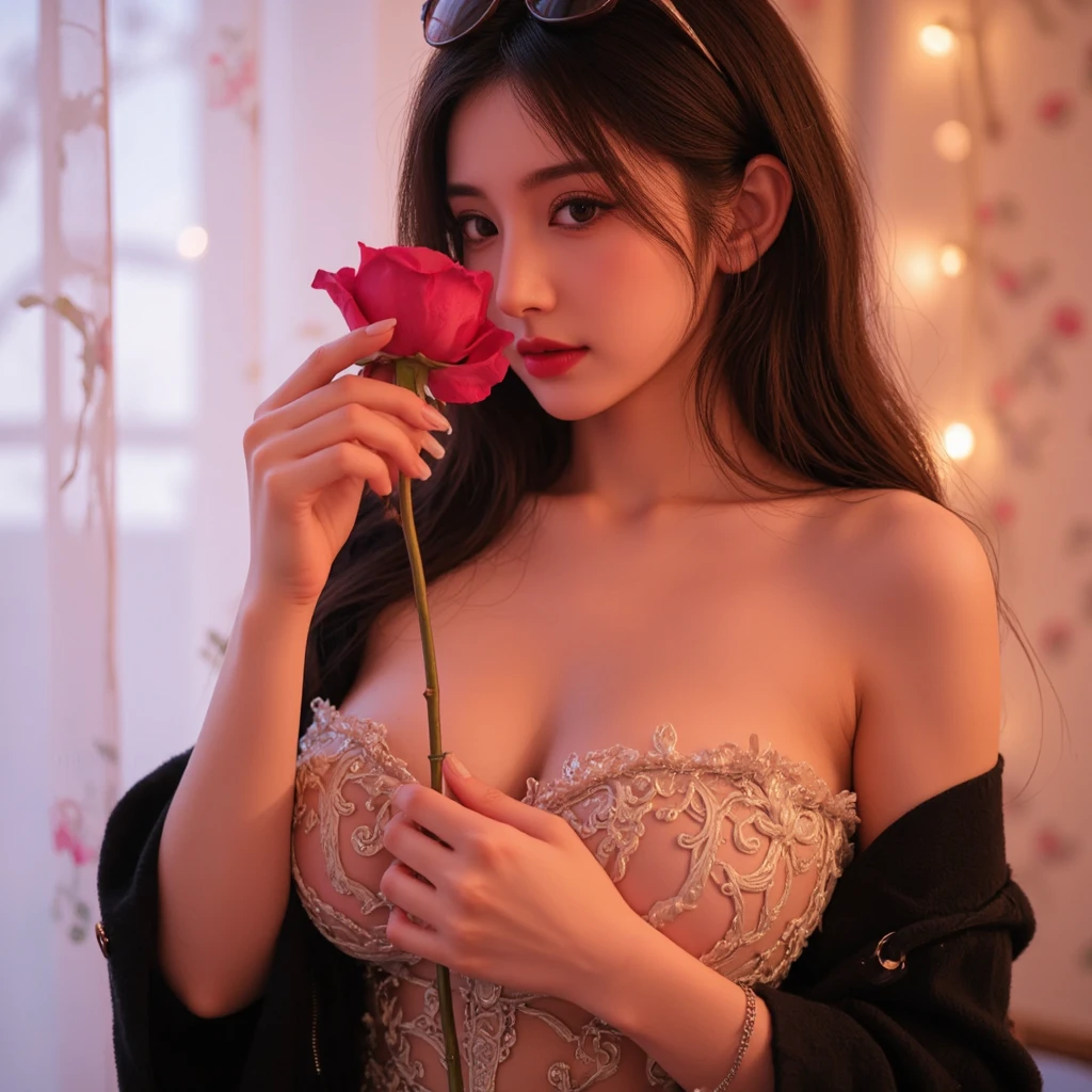 No roses in your hands,The on the underwear loom,Wear transparent underwear and underwear,Fuller breasts,Photos have no watermark