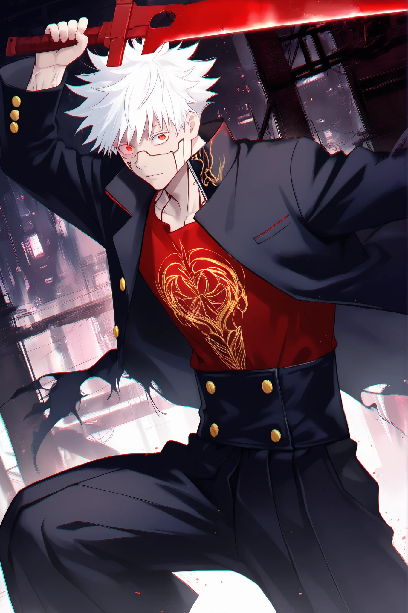 A young shonen manga character with spiky white hair and glowing red eyes, wearing a long black trench-coat-style school blazer with gold embroidery, torn edges, and a crimson shirt underneath. He has a retractable black arm-blade weapon with red veins, post-apocalyptic background, dark and gritty art style like Gokurakugai and Gachiakuta, semi-realistic anime.Japanese school uniform hybrid, gakuran jacket with hakama pants, asymmetrical tattered design, glowing red accents, cyberpunk samurai, dark anime art style like Gokurakugai and Jujutsu Kaisen, spiky white hair, red eyes, post-apocalyptic shonen protagonist, dynamic pose with retractable arm-swordconcept art, official artwork, shonen manga, dark fantasy