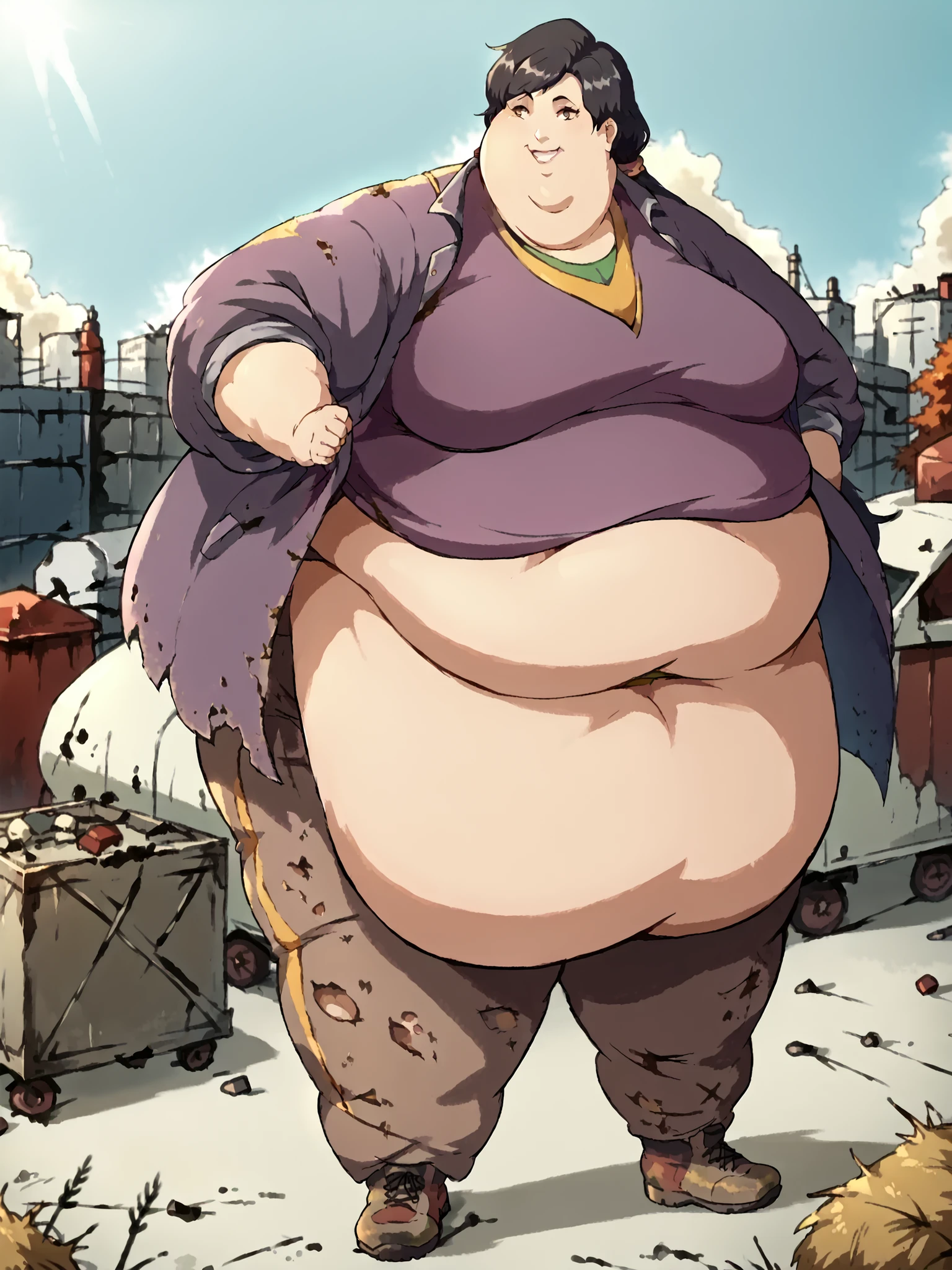 (Attack on Titan) An enormous titan woman (cute maniac face extra huge mouth, dark hair, small pot belly, big butt, painted toe nails) merrily stomps down the streets of Tokyo, she has her mouth open and drooling. The woman (cute, miniskirt, airy blouse, high heels) she wants to eat has fallen and twisted her ankle and is now sobbing on the street. Came is low at the victim looking up at the hungry Titan