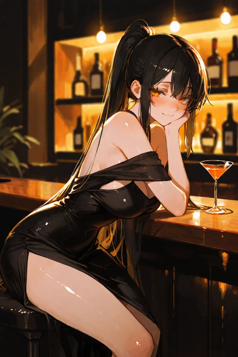 best quality, 4K, high resolution, masterpiece:1.2, Extremely detailed),Sad expression looking at the camera,Large Breasts,30 years old girl,独奏,black hair,long hair,blue eyes,(drunk,blush),sitting,drinking,((Mature sexy body)),Black stockings,Black tight skirt, Mature sexy body,holding mug,counter,pub,(Fashion bar) indoors, ((Cocktail Glass) Full of colorful wine), (dimly light room), Wine Bottle, Detailed background,Fluffy hair,((((Night scene background))))), (((at the bar))), wine, whiskey, High ball,(Shiny and glowing, Effect:1.2)