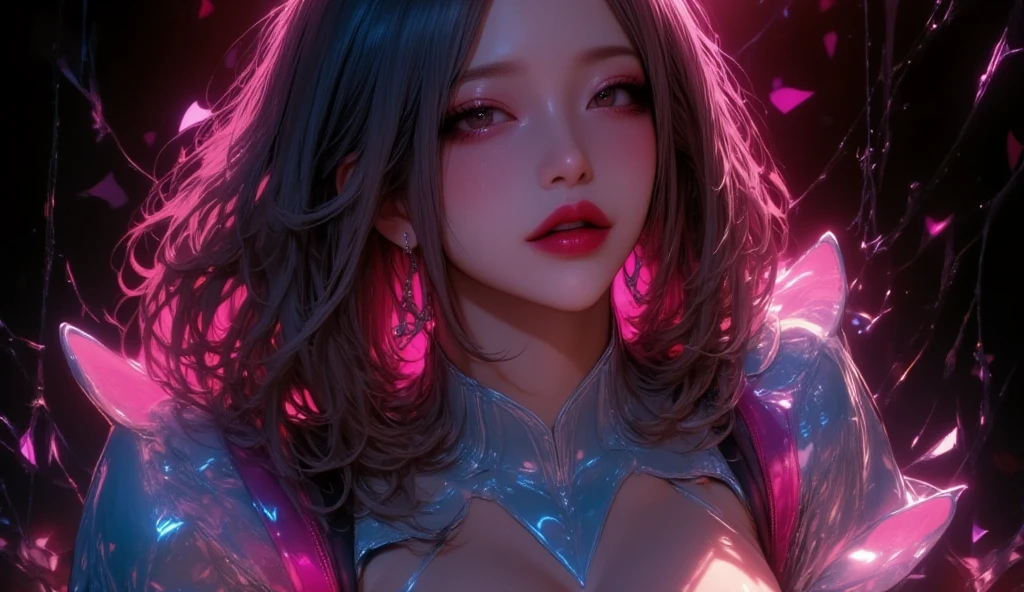 best quality, hot pink artwork, white line art, beautiful japanese girl self portrait, light up, white hair, big detailed eyes, ulzzang, ((huge breasts)), cleavage, arms behind back,