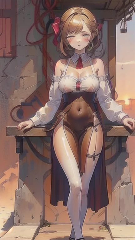 Masterpiece, highest quality, high resolution, extreme detail, 1 woman, 18 year old female with dark skin bent over a table, chest on table, dark skin, large breasts, dark lips, eye liner, blushingSIX cheeks, long black hair in 2 very large pony tails, khaki gingham skirt, lace panties, white thigh high stockings, (suspenders:1.5), steampunk hat, garter belt 6 straps, glasses, seductive look, looking at camera, 3/4 long shot, cowboy shot, greenhouse, flowers, next to large windows, stained glass windows, hotel room location