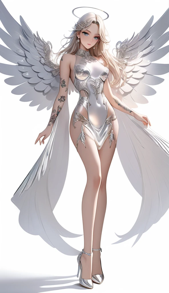 symmetry, portrait, full body shot, 8k, super detail, accurate, best quality, 16k, highres, best quality, award winning, super detail, anatomically correct, masterpiece, retina, UHD, Ombre, Smile, Cleavage, Pure, High heels, Laces, Glitter, No bra, Offshoulder, Highly detailed facial and skin textures, Detailed eyes, (photorealistic:1.4, clear:1.2, perfect body, beauty:1.4, slim abdomen:1.2, big breasts:1.2, fit:1.5, full-body shot:1.4, random hairstyles:1.2), choker, 1 angel girl, shining wings, shining halo, exquisite headdress, beautiful female angel, large wings, white hair, white wings, dress, on clouds, golden eyes, white background, attractive legs, sexy legs, tall legs, beautiful angel, attractive angel, ((full body female angel)), clouds, ((full body photoshoot, full body, far view, full body in view, heels in view, shining halo over head, extremely bright halo, halo)), slim figure