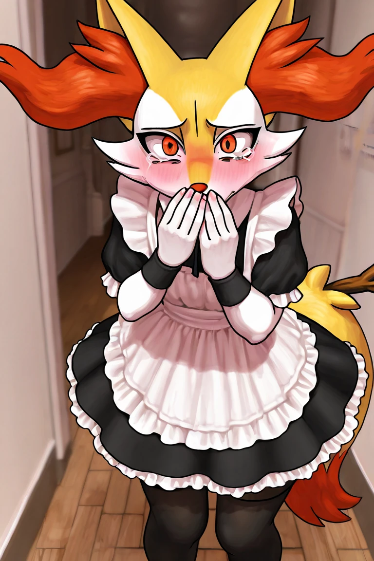 A male dragon have blue fur with 2 red horn on the head, yellow hair and purple eyes, wear maid clothes being touching and having sex by a fat human old man 80 year old with body trembling and uncomfortable face