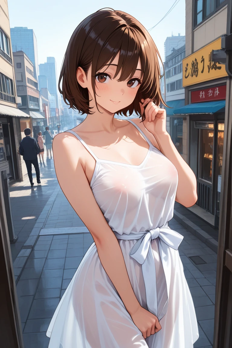 独奏、(No sleeve、White dress white、Armpit)、Toned body、Bare thighs、(short hair、Brown Hair、Barrette、hair ornaments)、(Brown eyes:1.5)、(yuihirasawa、yui hirasawa、Yui Hirasawa)、(Panty shot、White panties、Panties transparent with sweat、Mansuji)、Big Breasts、In town、bustling street、独奏