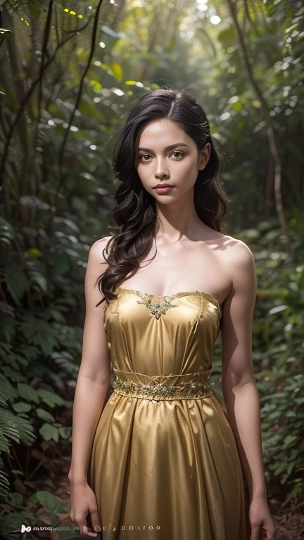 1girl, messy black bun hair, strapless damask midi dress, intricate damask, red scarf around her neck, detailed face, (looking at viewer:1.2), (18yo, cute:1.3), (breasts:1.2), (best quality, highres, masterpiece:1.2), (realistic, photorealistic:1.3), fashion portrait, dramatic lighting, vivid colors, intricate details, cinematic, traditional Indo-China style house, intricate architecture, wooden structure, sloping roof, ornate carvings, large windows, open veranda, lush tropical plantation, vibrant greenery, palm trees, tropical flowers, serene garden, detailed textures, harmonious design, tranquil atmosphere, cultural heritage, natural beauty, high-quality rendering,
