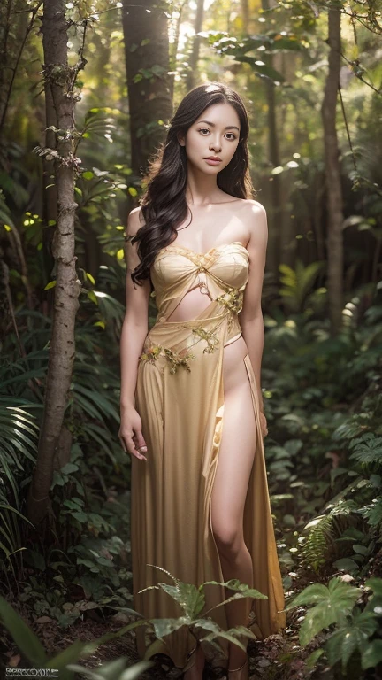 a girl age 26 in yellow transparent saare wandering in the forest her body in barely covered