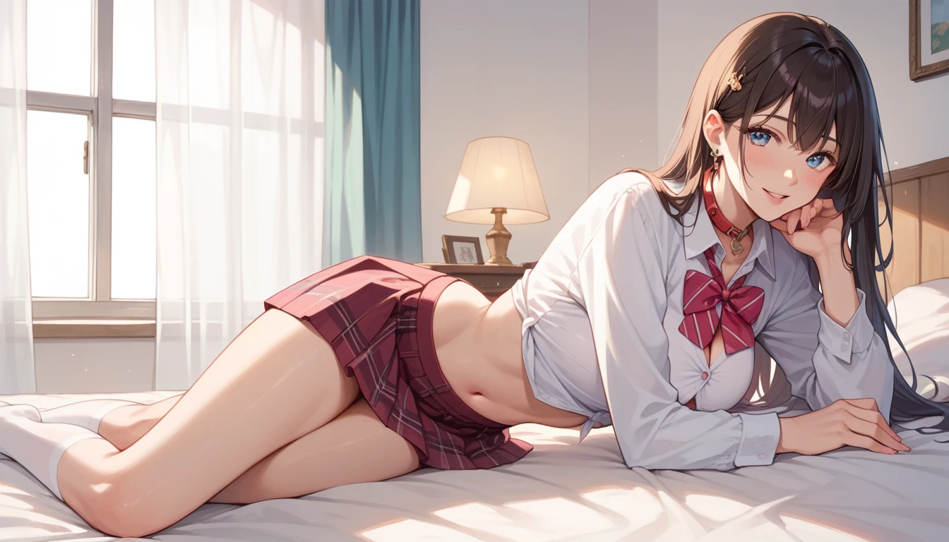 (masterpiece), (8K quality), Looking at Viewer, {sixteen years old}, (High school girl uniform),Random hair,, flat chest ,,((((Soft breasts)))),,((Lie down and open your legs,(Show off your panties))),((dramatic lighting)),