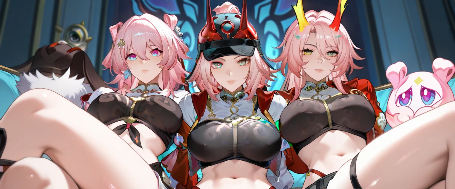 A smug narcissistic pink haired genie woman wearing a pink bra and white puffy harem pants and lots of jewelry flaunting herself