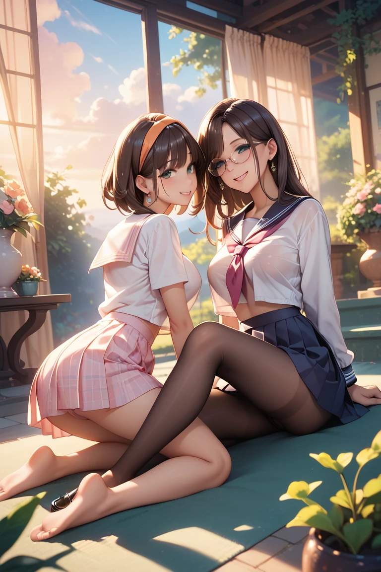 Very detailed 8k wallpaper)、foco nítido、In detail、drama、Delicate and beautiful housewives、Full body like、(Sheer white shirt、)neck tie、Dark blue pleated micro mini、ligh brown hair、Smooth hair、sexy、(Dark pink underwear、)a smile、Peek at the viewer、Beautiful graphics、Bright school building、Full of students、Show me your whole body、(Show me your panties、sitted、)White socks、。I'm eating bananas、Chew a banana、Nasty face