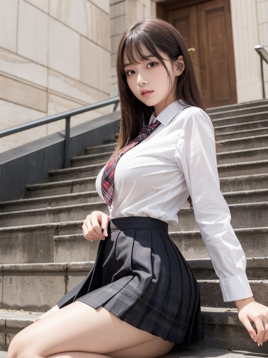 (Browsing Caution:1.3), ((masterpiece)), ((Highest quality)), (Very detailedな), ((cute)), cute, (Lovely), ((Very detailed)), 4K, (8K), Highest quality, (beautiful), hyper cute face, shape, hyper Genuineistic, Genuine, (((From below))), whole body, School rooftop, (1 Girl, cute girl:1.5), (uniform:1.5), beautiful light brown hair, beautiful brown eyes, ((beautiful eyes)), (the wind is strong, Hair is shaking, The skirt is flipped up and the underwear is visible:1.3), short hair, (((Big Breasts))), ((Device tick type))